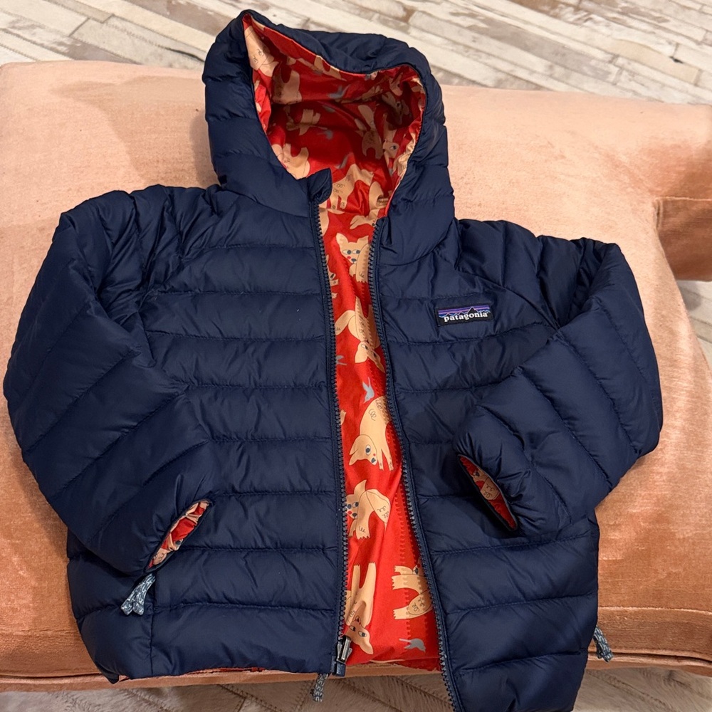 Patagonia Navy Puffer Jacket with Red Animal-Print Lining